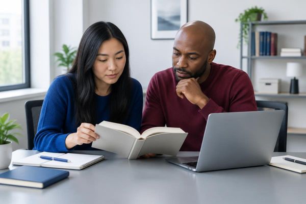 Professional learning workspace with business reference materials