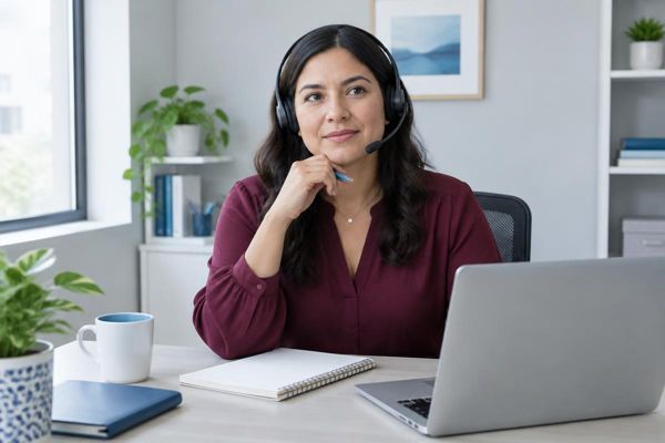 Illustrative professional wearing a telephone headset at an office desk